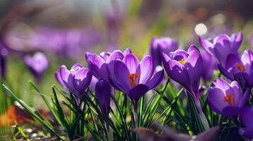 AI generated Wild purple crocuses, spring flowers photo