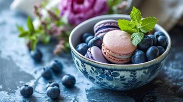 AI generated A bowl of blueberries and macaroons on a table photo