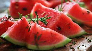 AI generated A close up of slices of watermelon with a sprig of rosemary sprinkled on top photo