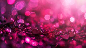 AI generated Trendy viva magenta color of the year 2024, pink red hearts, sparkling glitter bokeh panoramic background banner, valentines day abstract defocused texture header photo