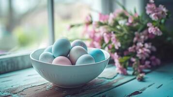 AI generated A white bowl filled with blue and pink eggs sitting on top of a table next to a bunch of flowers photo