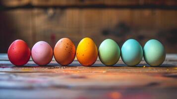 ai generado un fila de huevos con diferente de colores unos en frente de ellos foto