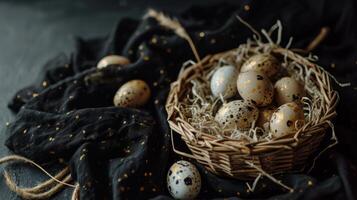 AI generated A basket filled with small speckled eggs on top of a black tablecloth covered tablecloth with gold flecks on it and a black background photo