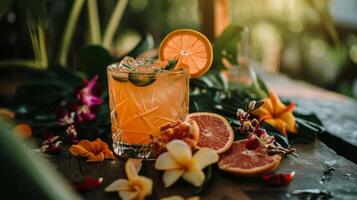 ai generado un vaso lleno con un bebida siguiente a rebanado Fruta y flores foto