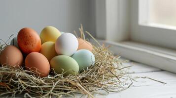 AI generated A nest filled with different colored eggs on top of a white table next to a pile of straw on top of a white surface photo