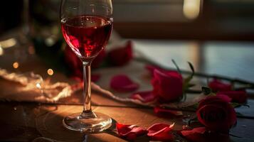 AI generated Glass of wine with rose for romantic atmosphere photo