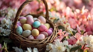 ai generado un cesta lleno con un montón de vistoso huevos en parte superior de un cama de rosado y blanco flores siguiente a rosado y blanco flores foto