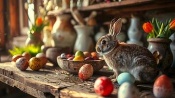 AI generated A rabbit sitting next to some eggs on a wooden table with other easter eggs in front of it on a wooden table with vases in the background photo
