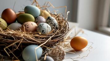 AI generated A nest filled with different colored eggs on top of a white table next to a pile of straw on top of a white surface photo