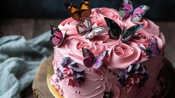 AI generated A cake with butterflies on it and pink icing photo