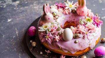 AI generated A decorated doughnut with bunnies, eggs, and flowers photo
