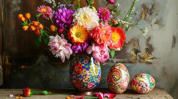 AI generated A vase filled with lots of colorful flowers next to two decorated eggs photo