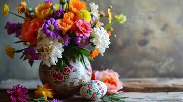 ai generado un florero lleno con un montón de vistoso flores siguiente a dos decorado huevos foto