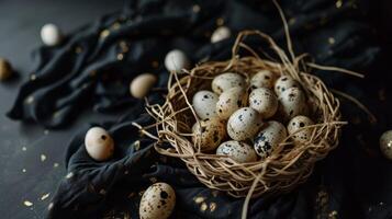 ai generado un cesta lleno con pequeño moteado huevos en parte superior de un negro Manteles cubierto Manteles con oro motas en eso y un negro antecedentes foto