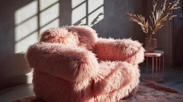 AI generated Fuzzy plush chair in peach fuzz color of the year 2024 photo