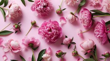 AI generated Many delicate tender pink big and small open and closed peony flowers and buds levitating on seamless pink surface. Top view photo
