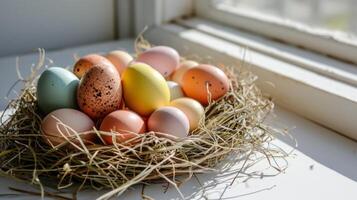 AI generated A nest filled with different colored eggs on top of a white table next to a pile of straw on top of a white surface photo