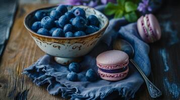 AI generated A bowl of blueberries and macaroons on a table photo