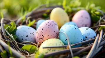 ai generado un manojo de huevos ese son sentado en un cesta con algunos césped en el lado de el huevos son azul, rosa, amarillo, y blanco con motas y motas en ellos foto