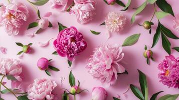 AI generated Many delicate tender pink big and small open and closed peony flowers and buds levitating on seamless pink surface. Top view photo