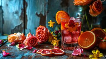 AI generated A glass filled with a drink next to sliced fruit and flowers photo