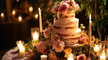 AI generated A three tiered cake with pink flowers on top of a table with candles and flowers on the side of the cake and on the other side of the cake photo