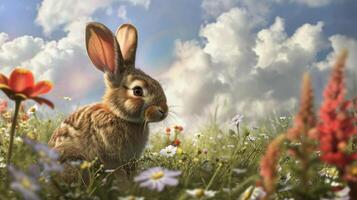 AI generated A rabbit sitting in a field of flowers with a sky background photo