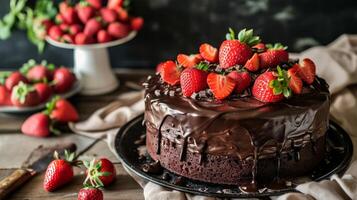 AI generated A cake with chocolate frosting and strawberries on a table photo