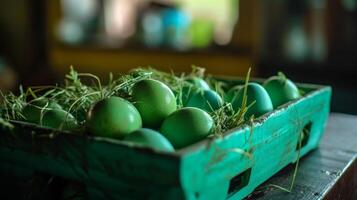 AI generated A green box filled with green eggs on top of a table photo