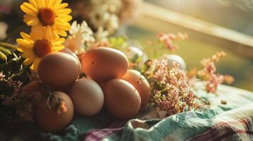 AI generated A bunch of eggs sitting on top of a table next to flowers photo