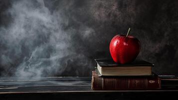 AI generated A red apple sitting on top of a stack of books on top of a black table next to a gray wall with smoke coming out of the back of it photo