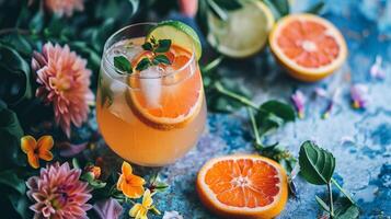 AI generated A glass filled with a drink next to sliced fruit and flowers photo
