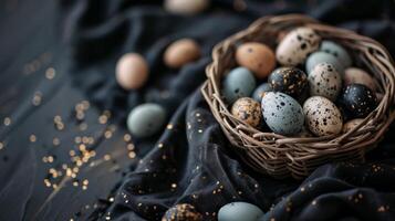 ai generado un cesta lleno con pequeño moteado huevos en parte superior de un negro Manteles cubierto Manteles con oro motas en eso y un negro antecedentes foto