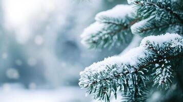 AI generated Extreme close-up of a snow-covered pine or spruce sprig on a blurry winter landscape with copy space. Template for a Christmas or New Year greeting card photo