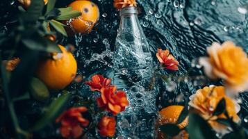 ai generado un botella de agua rodeado por flores y naranjas y agua chapoteo foto