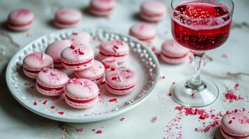 AI generated A white plate topped with lots of pink macaroons next to a glass of red liquid and sprinkles photo