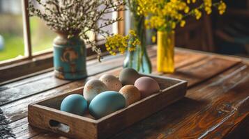 AI generated A row of colorful eggs sitting on top of a wooden tray on a wooden table next to a vase with flowers and a yellow stem photo