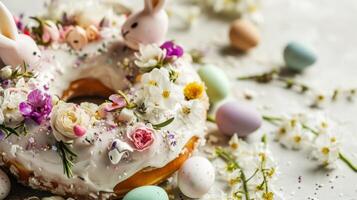 AI generated A decorated doughnut with bunnies, eggs, and flowers photo