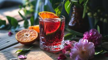 AI generated A glass filled with a drink next to sliced fruit and flowers photo