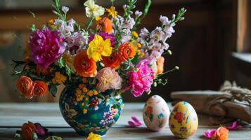 ai generado un florero lleno con un montón de vistoso flores siguiente a dos decorado huevos foto