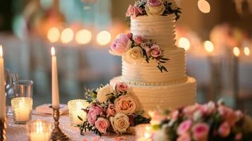 AI generated A three tiered cake with pink flowers on top of a table with candles and flowers on the side of the cake and on the other side of the cake photo