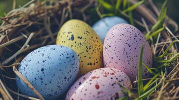 AI generated A bunch of eggs that are sitting in a basket with some grass on the side of the eggs are blue, pink, yellow, and white with speckles and speckles on them photo
