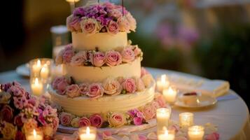 AI generated A three tiered cake with pink flowers on top of a table with candles and flowers on the side of the cake and on the other side of the cake photo