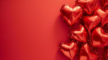 AI generated Heart shaped balloons on red background, flat lay with space for text. Saint Valentine's day celebration photo