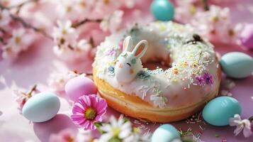 AI generated A decorated doughnut with bunnies, eggs, and flowers photo