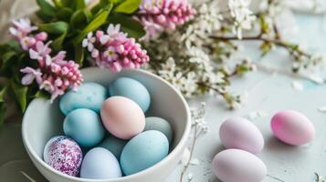 AI generated A white bowl filled with blue and pink eggs sitting on top of a table next to a bunch of flowers photo
