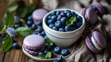 AI generated A bowl of blueberries and macaroons on a table photo