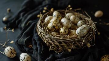 ai generado un cesta lleno con pequeño moteado huevos en parte superior de un negro Manteles cubierto Manteles con oro motas en eso y un negro antecedentes foto