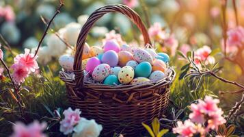 ai generado un cesta lleno con un montón de vistoso huevos en parte superior de un cama de rosado y blanco flores siguiente a rosado y blanco flores foto