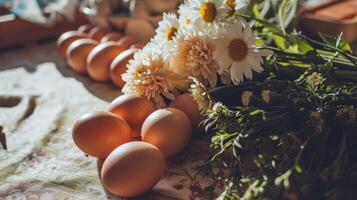 AI generated A bunch of eggs sitting on top of a table next to flowers photo
